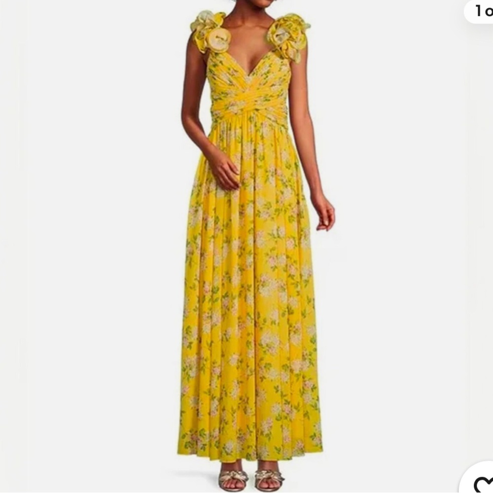 Antonio Melani Yellow Floral Rosette Sleeveless V-Neck Maxi Dress